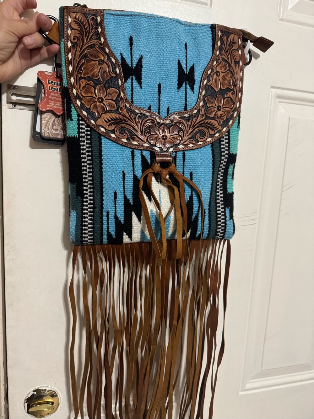 Genuine Leather Turquoise Fringe Crossbody Bag